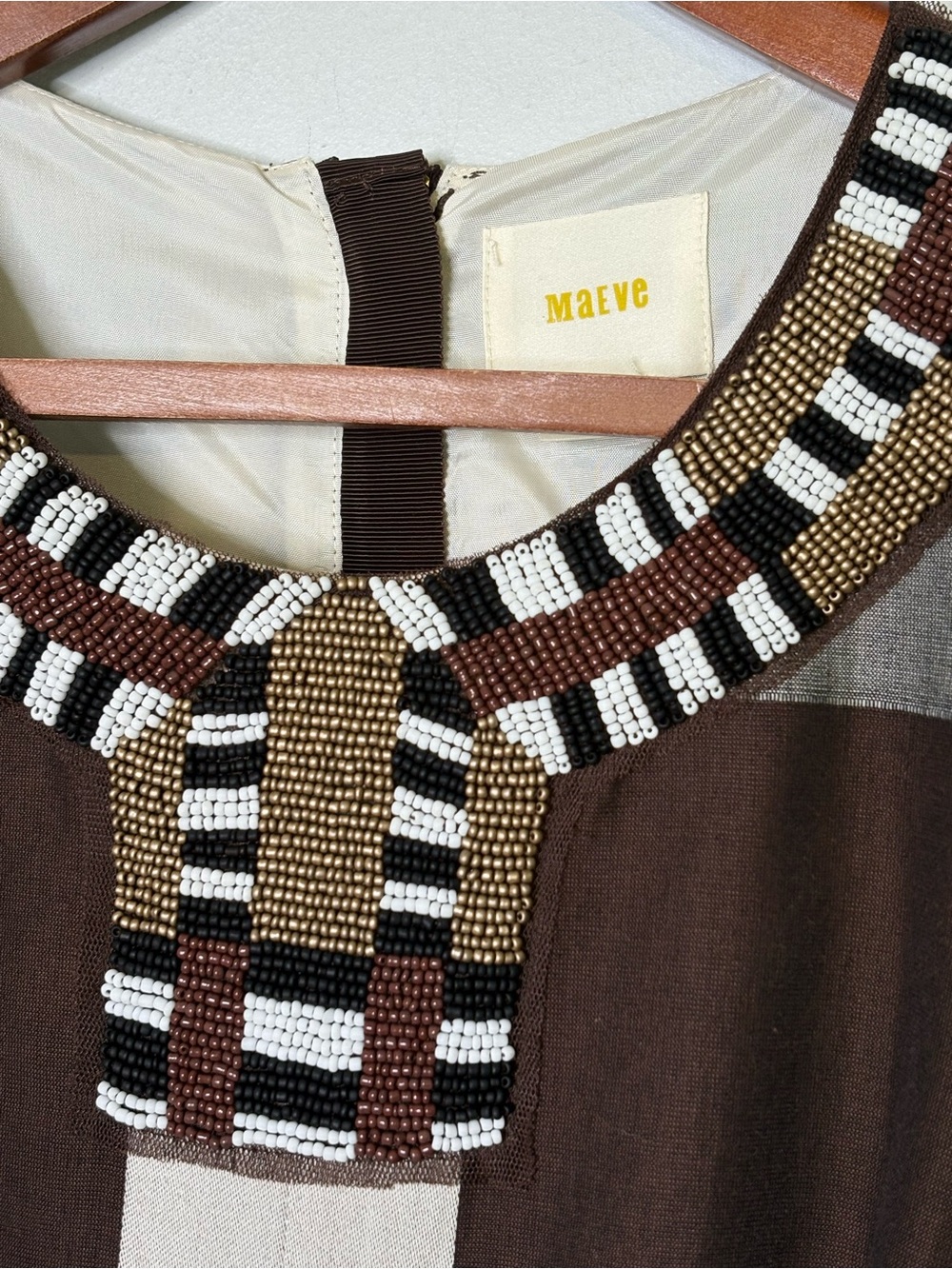 Anthropologie Maeve Beaded Plaid Fit & Flare Midi Dress 6 Brown Cream MSRP $248 - Picture 7 of 15